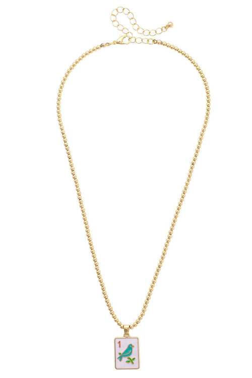 Sparrow Mahjong Tile Ball Bead Necklace in White