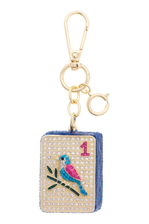 Mahjong One Dot Tile Embellished Bag Charm in White, Blue