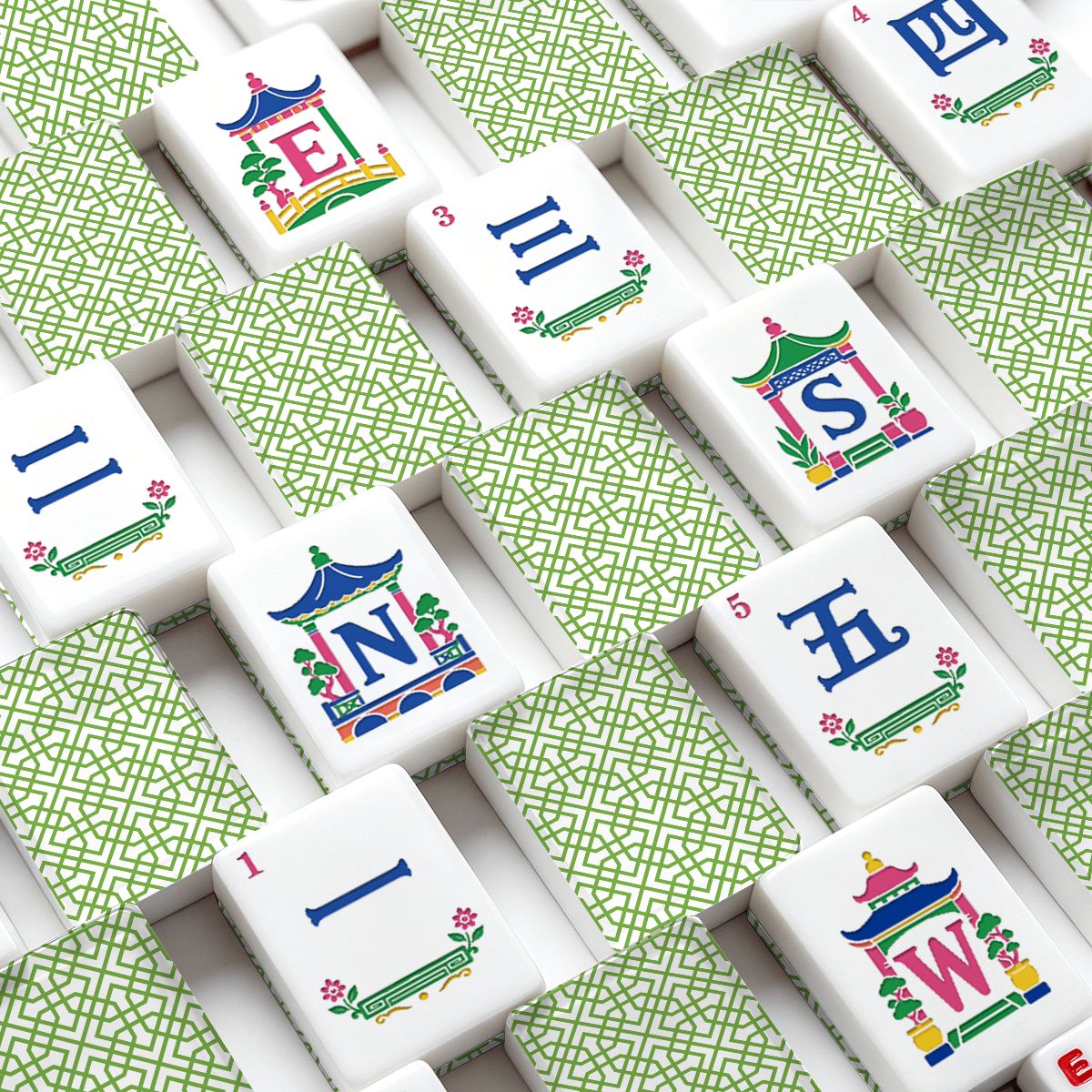 Green Lattice American Mahjong Tiles (Traditional Porcelain Style)