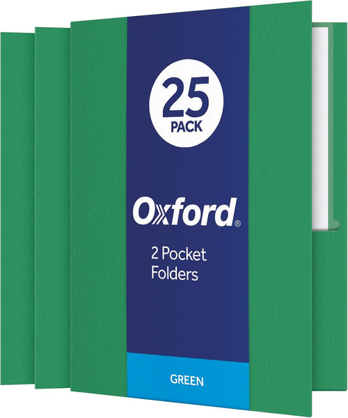 Oxford Two Pocket Folders, Textured Paper, Green, For School, Home, and Office, Letter Size, 25 Per Box (57503EE)