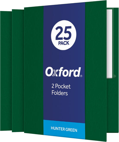 Oxford Two Pocket Folders, Textured Paper, Green, For School, Home, and Office, Letter Size, 25 Per Box (57503EE)