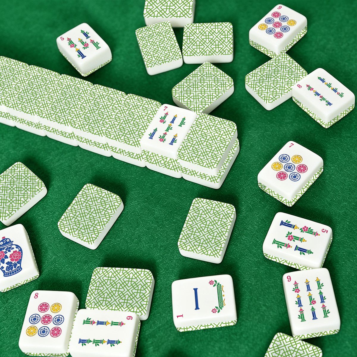 Green Lattice American Mahjong Tiles (Traditional Porcelain Style)