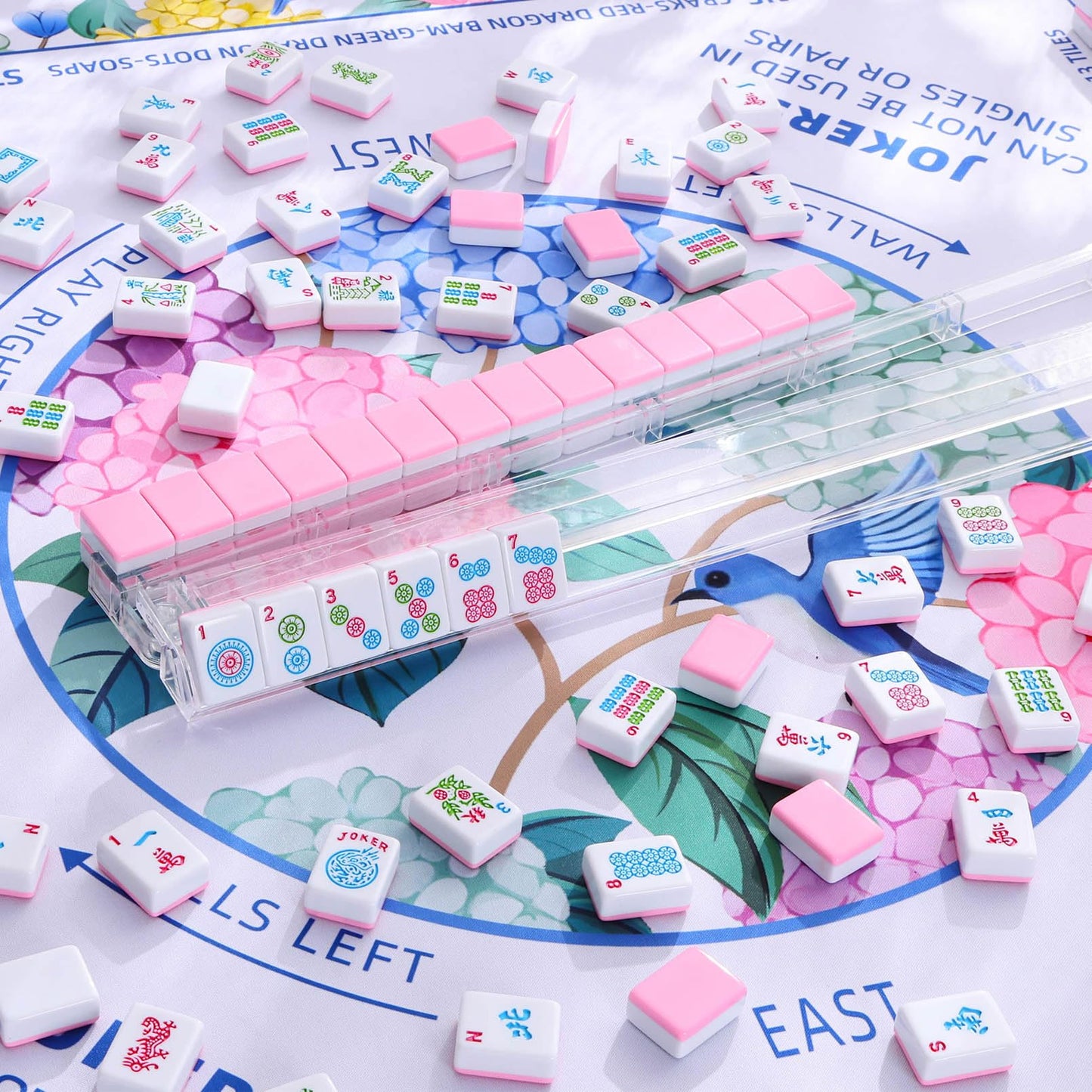 American Mahjong Set with pink tiles and racks/pushers included